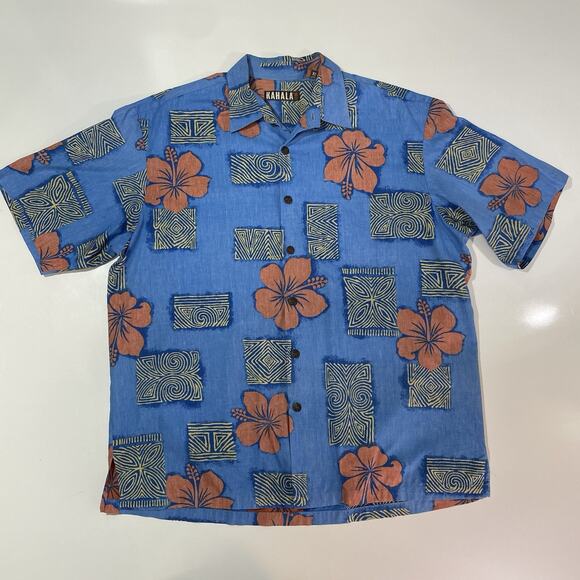Kahala Men's Floral Button-Up Shirt Blue Pink Size 2XL XXL Handcrafted Hawaiian - Picture 1 of 7